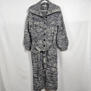 Frame Belted Melange Wool Blend Belted Cardigan in Navy and Light Gray Size S